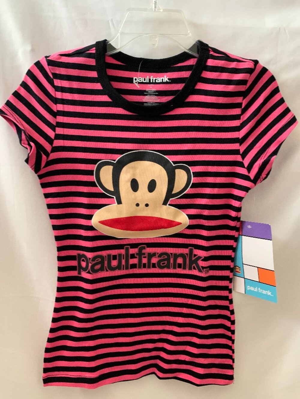 PAUL FRANK Julius the Monkey Striped Short Sleeve Tee in Hot Pink/Black Sz MED